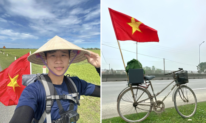 Quang Hà và chiếc xe đạp hiệu Thống Nhất của ông ngoại thành phương tiện di chuyển xuyên Việt từ ngày 5/4. Ảnh: Nhân vật cung cấp