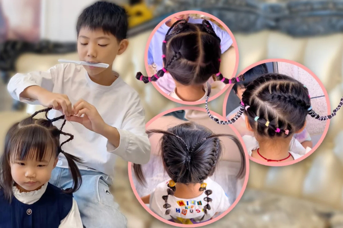 Cậu bé họ Huang tết tóc cho em gái