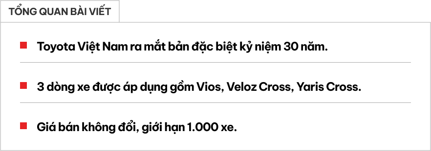 Kỷ Niệm 30 Năm: Ra Mắt Các Phiên Bản Đặc Biệt Của Vios, Veloz Cross Và Yaris Cross - Ảnh 1.